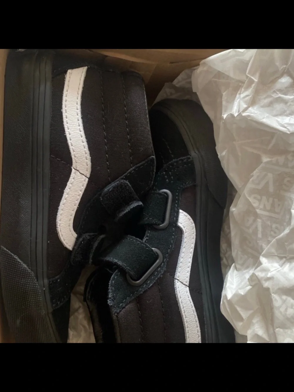 Vans Kids Black High-Top Velcro Sneakers with White Side Stripe